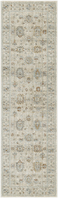 8' Beige and Ivory Oriental Power Loom Distressed Runner Rug With Fringe