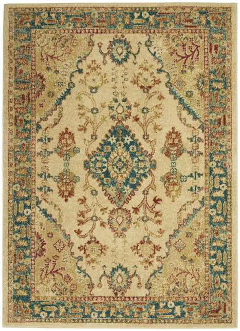 4' x 6' Ivory Green and Red Oriental Power Loom Area Rug