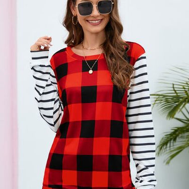 Plaid Striped Round Neck Long Sleeve T-Shirt