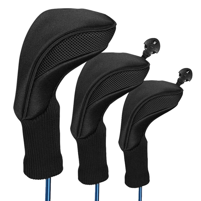 3Pcs Long Neck Mesh Golf Club Head Covers Set Long Knit Protection Cover w/ Interchangeable No. Tags 3 4 5 6 7 X Fit For Fairway Driver Woods - Black