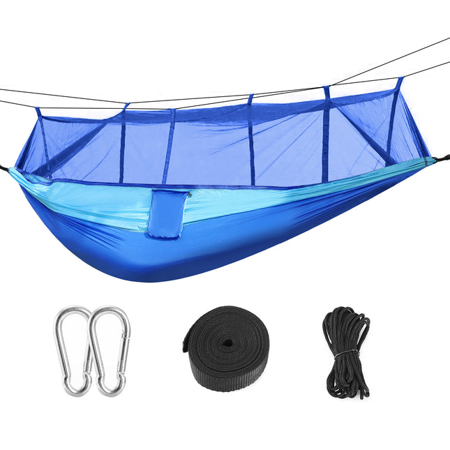 600lbs Load 2 Persons Hammock w/Mosquito Net Outdoor Hiking Camping Hommock Portable Nylon Swing Hanging Bed w/ Strap Hook Carry Bag - Blue