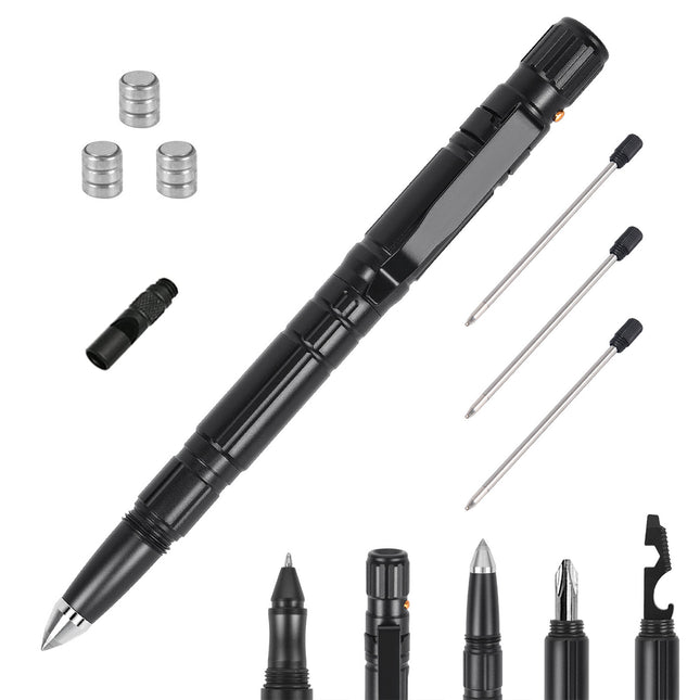 11 In 1 Tactical Pen Gear Set Multi-tool Survival Pen Set Cool Gadget Gift for Men EDC Glass Breaker LED Flashlight Ballpoint Pen Whistle Ink Refills - Black
