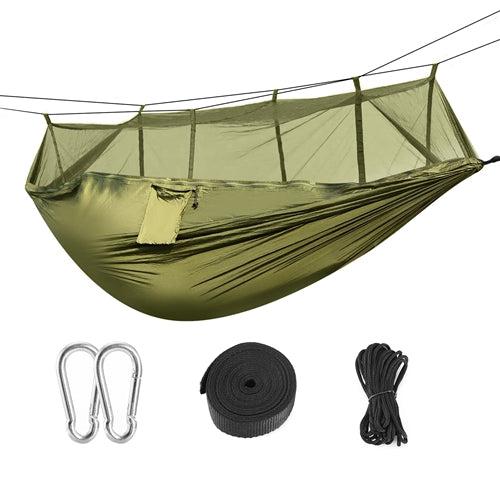 600lbs Load 2 Persons Hammock w/Mosquito Net Outdoor Hiking Camping Hommock Portable Nylon Swing Hanging Bed w/ Strap Hook Carry Bag - Green