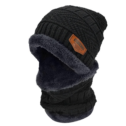 Winter Beanie Hat Scarf Set Unisex Warm Knitting Skull Cap Neck Warmer For Walking Running Hiking Camping Outdoors Gift - Black