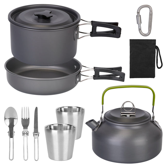 12Pcs Camping Cookware Set Camping Stove Aluminum Pot Pans Kit for Hiking Picnic Outdoor with Cup Fork Spoon Knife - Black