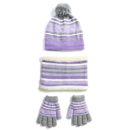 Winter Kids Knitted Hat Scarf Gloves 3Pcs Boys Girls Winter Warm Beanie Hat and Glove Scarf Set Beanie Neck Warmer Mittens for 4-7-Year-Old Kids - Purple