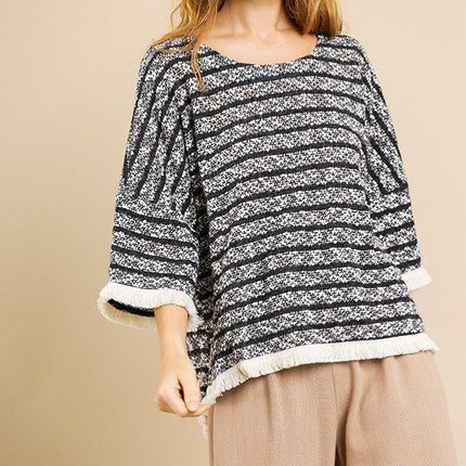 Heathered Striped Knit Bell Sleeve Round Neck Top