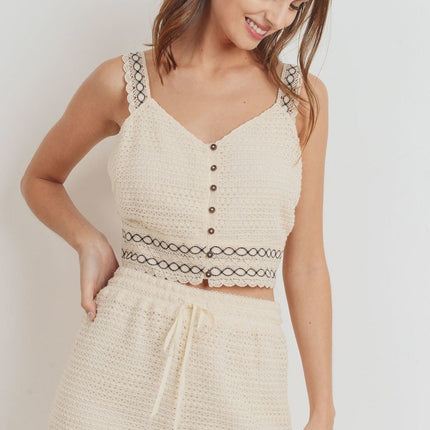 Knit Laced Buttoned Shoulder Strap Top