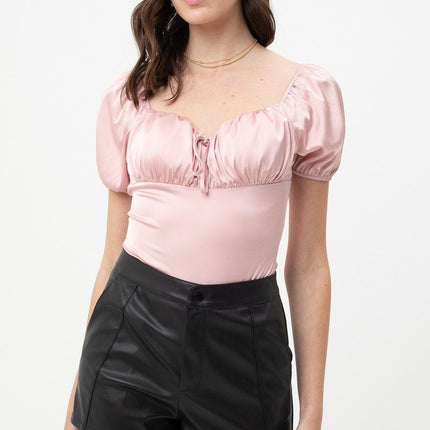 Satin Bodysuit With Front Neck Tie And Scooped Neck