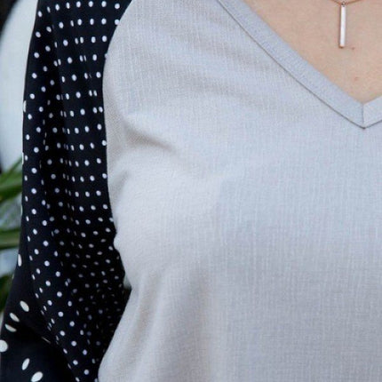V Neck Contrast Woven Dot Print Long Sleeve Knit Top