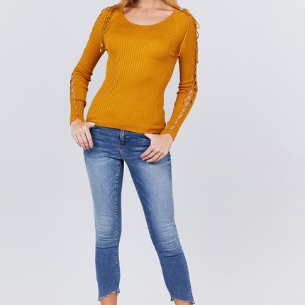 Long Sleeve W/strappy Detail Round Neck Rib Sweater Top