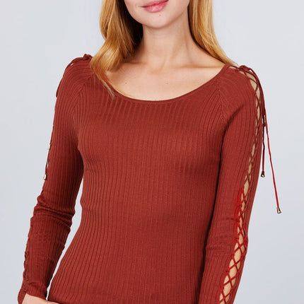 Long Sleeve W/strappy Detail Round Neck Rib Sweater Top