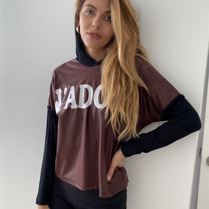 Burgundy And Black "j'adore" Silver Graphic Hoodie Top