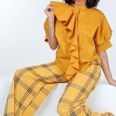 High Waist Plaid Print Wide Leg Pants
