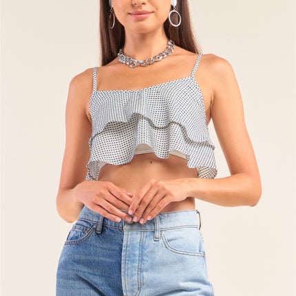 White And Navy Sleeveless Polka Square Layered Smock Back Cropped Top