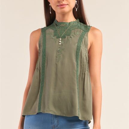 Forest Green Sleeveless Crochet Embroidered Hem Pleated Babydoll Top