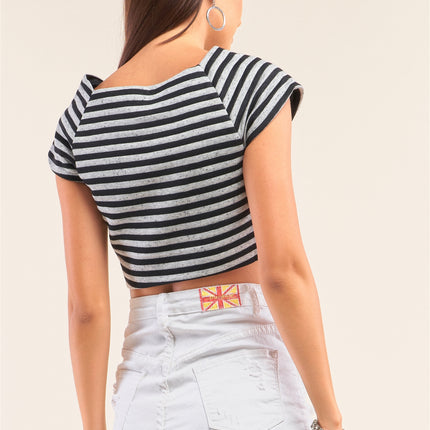 Black And Grey Striped Square Neck Mini Sleeve Cropped Top