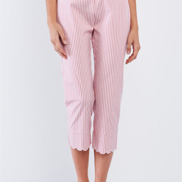 Red & White Striped High Waist Scalloped Hem Summer Capri Pants