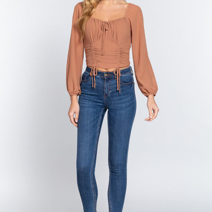 Long Sleeve Front Tied Ruched Detail Woven Top