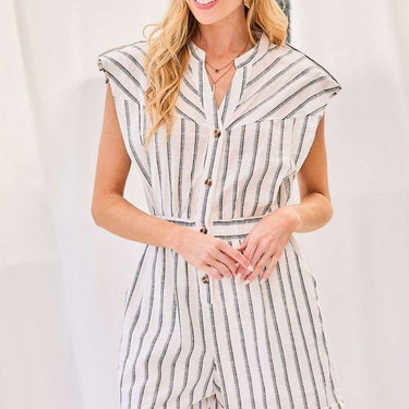 Notched Neck Button Elastic Band Waist Stripe Print Romper