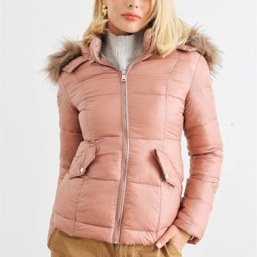 Long Sleeve Faux Fur Hood Padded Water Resistant Finish Jacket