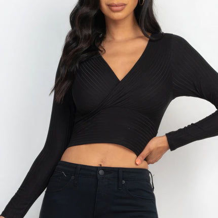 Ribbed Wrap Front Long Sleeve Top