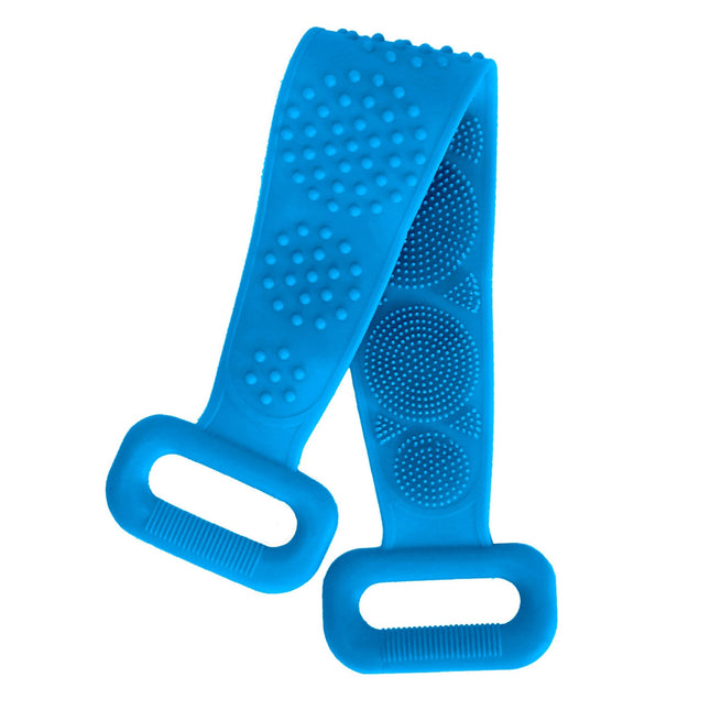 Exfoliating Silicone Body Scrubber Belt with Massage Dots - Shower Strap Brush with Adhesive Hook - Blue
