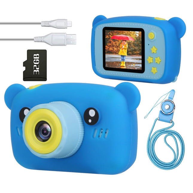 Kids Digital Camera - 2.0in Screen, 4X Digital Zoom, 5 Games, 32G MMC Card - Perfect Christmas & Birthday Gift for 3-10 Year Olds - Blue