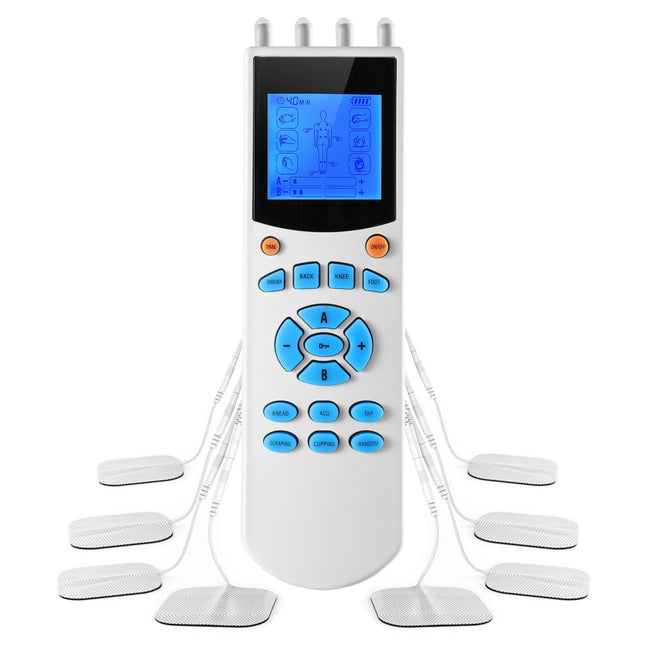 10 Mode Tens Unit Impulse Massager - Pain Relief Muscle Stimulator with 4 Outputs & 8 Electrode Pads - White