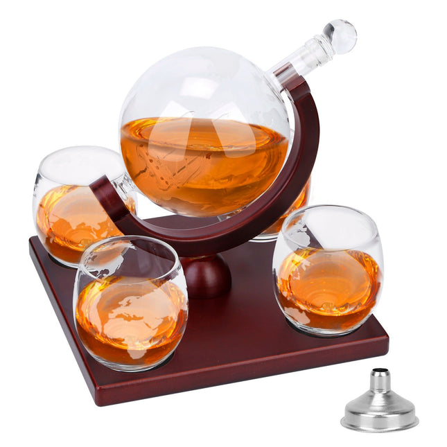 Whiskey Decanter Globe Set w/ 4 Glasses, Tray - Perfect Gift for Liquor, Scotch, Bourbon, Vodka - 8.45OZ - Black