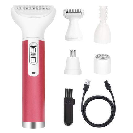 5-in-1 Portable Lady Electric Razor - Painless Hair Removal Set | Rechargeable, Cordless Shaver for Bikini Line, Eyebrow, Nose, Arms, Legs - Pink