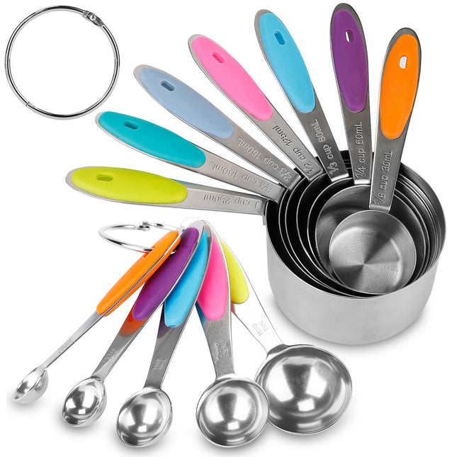 12Pcs Stainless Steel Measuring Cups & Spoons Set, Easy-to-Read Markings for Cooking & Baking, Dry Spices & Liquid Ingredients - Multi