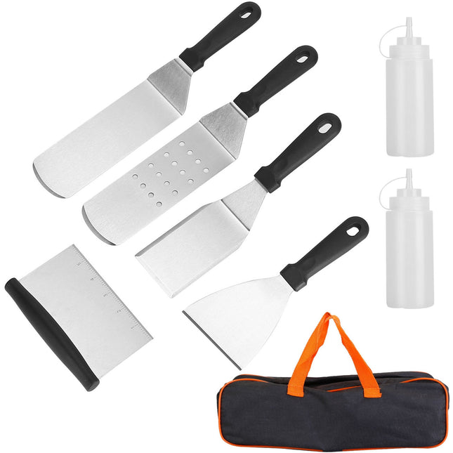 7-Piece BBQ Griddle Utensil Set - Stainless Steel Accessories Kit for Outdoor Grilling. Perfect for Parties, Camping, and Tailgating. - Black