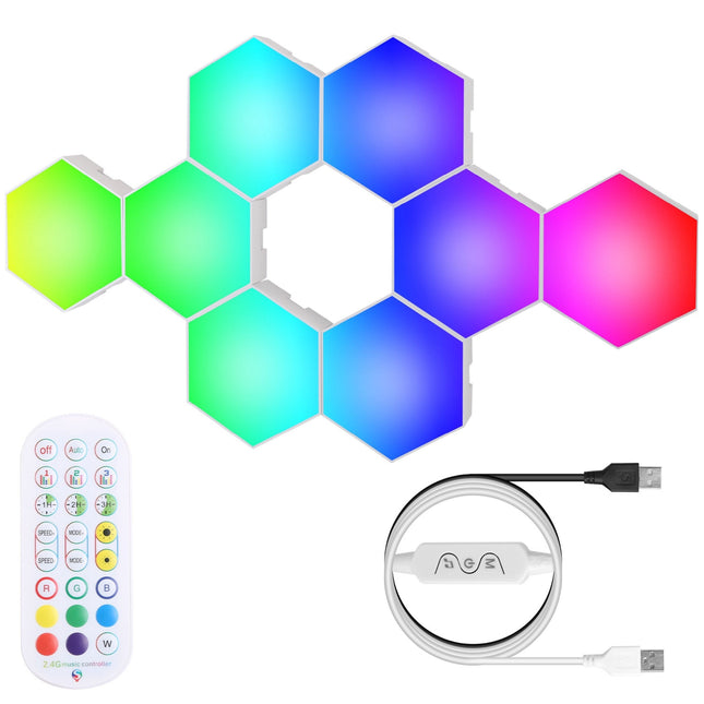 8Pcs RGBW Hexagon Wall Panels - App Control - Timing - Music Sync - Decorative Gaming Light - Remote Line Control - Colorful Splicing - Multi