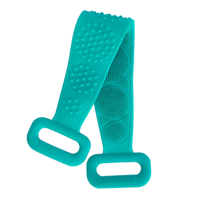 Exfoliating Silicone Body Scrubber Belt with Massage Dots - Shower Strap Brush with Adhesive Hook - Green