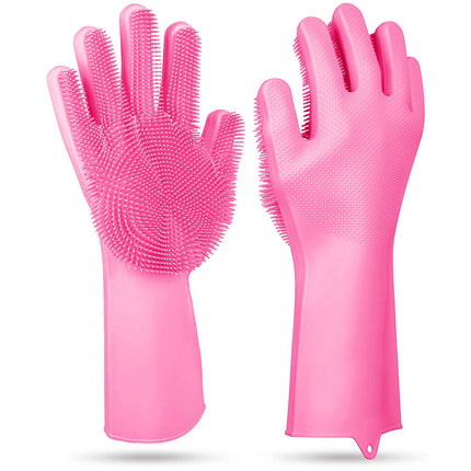 1 Pair Silicone Dishwashing Gloves | Cleaning Sponge Scrubber | Heat Resistant | Pet Safe | Wash Gloves - Pink