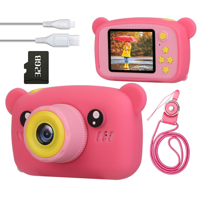 Kids Digital Camera - 2.0in Screen, 4X Digital Zoom, 5 Games, 32G MMC Card - Perfect Christmas & Birthday Gift for 3-10 Year Olds - Pink