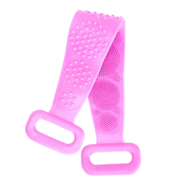 Exfoliating Silicone Body Scrubber Belt with Massage Dots - Shower Strap Brush with Adhesive Hook - Purple