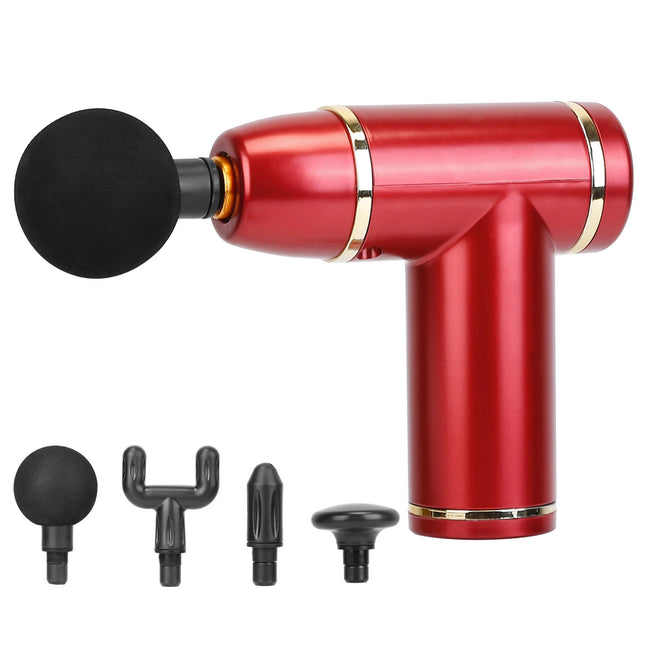Cordless Percussion Massage Gun - USB-C Rechargeable, 4 Heads, 8 Intensities - Red