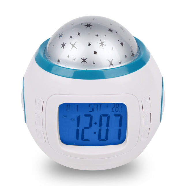 Kids Star Sky LED Projector Alarm Clock with Thermometer & Calendar Lights - White