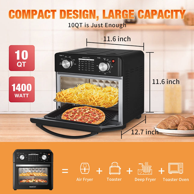 US GEEK CHEF Air Fryer 10QT Oil-free Stainless Steel 4 Slice Countertop Toaster Oven 1400w Black