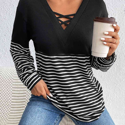 Striped Crisscross V-Neck Long Sleeve T-Shirt