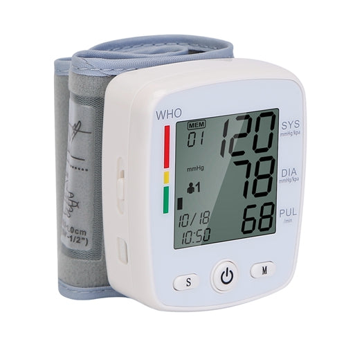 Blood Pressure Monitor Wrist Digital High Blood Pressure Cuff Heartbeat Tester w/ 90x2 Reading Memory 2In LCD Screen Storage Box - White