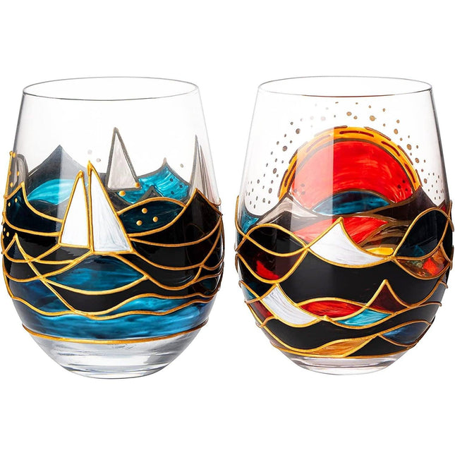 Artisanal Hand Painted Sunrise Glasses, Stemless Set of 2 Wine, Water & Whiskey Glasses - The Wine Savant - Crystal Tumblers - Gift Idea for Her, Him, Birthday, Housewarming - Large Goblets (18.5 OZ) by The Wine Savant - Vysn