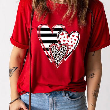 Heart Round Neck Short Sleeve T-Shirt