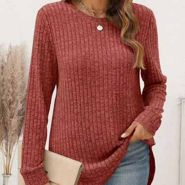 Ribbed Round Neck Long Sleeve T-Shirt