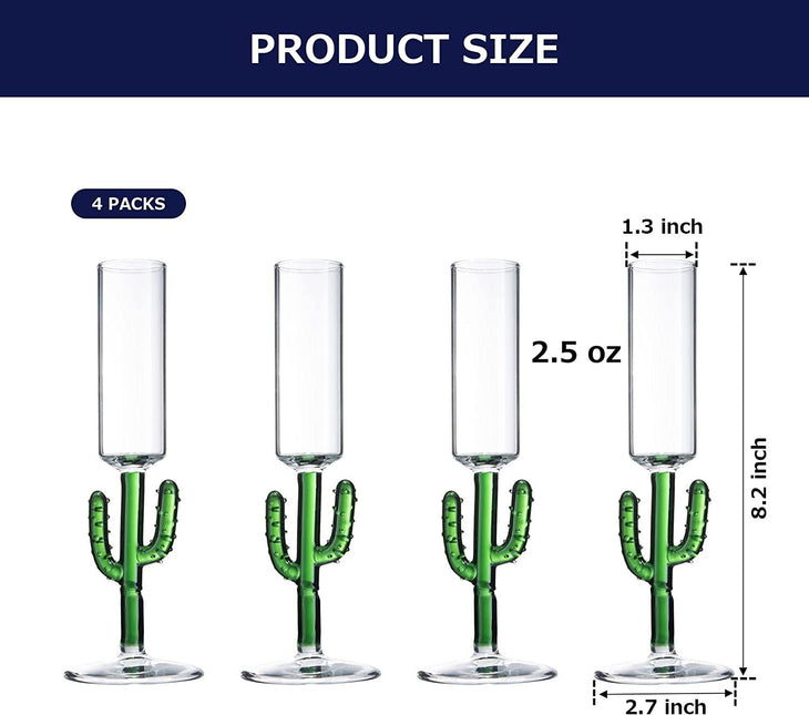 Cactus Shot Glasses 2.5oz - Cactus Gifts - Set of 4 - Green Colored Glass Blown Figurines Plant Decorations - Shot Glass Cocktail Glasses Wedding Party Glasses, Great for Parties 1.75"H - Handblown by The Wine Savant - Vysn