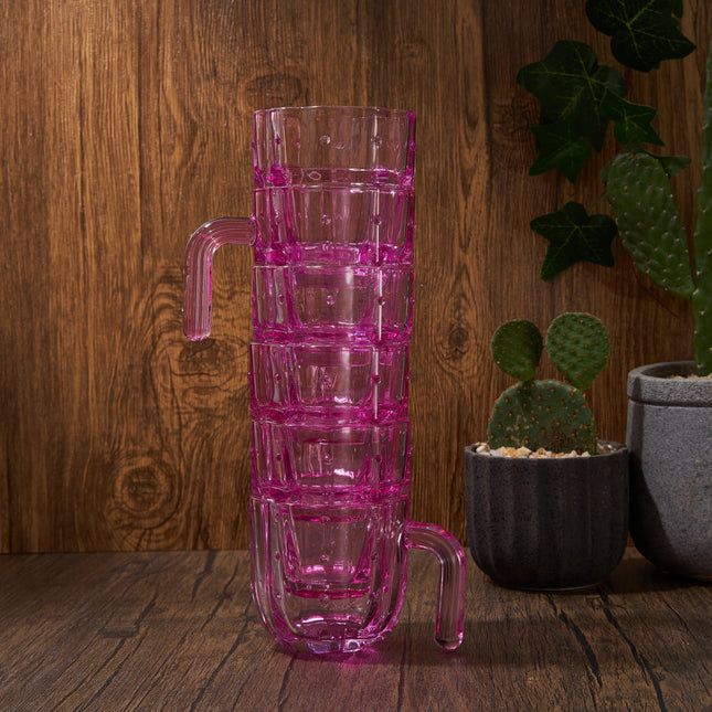 Cactus Stackable Glasses, Stacktus Gifts, Set of 6-10 oz Cactus Shape Glasses With Handles Pink Glass Blown Figurines Plant Decorations for Parties 3.5" H 5" W - Copyright Design, Patent Pending by The Wine Savant - Vysn