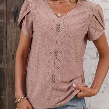 Eyelet V-Neck Petal Sleeve T-Shirt