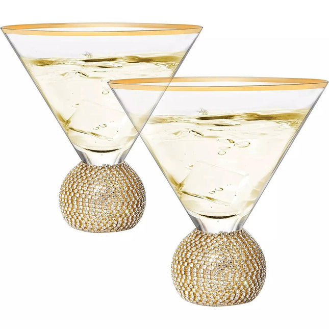 Diamond Studded Martini Glasses Set of 2 - The Wine Savant - Gold Rimmed Modern Cocktail Glass, Rhinestone Diamonds With Stemless Crystal Ball Base, Bar or Party 10.5oz, Swarovski Style Crystals by The Wine Savant - Vysn
